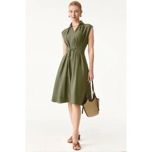 OGL Midi Dress XL Collared V-Neck Viscose-Linen Tuck Design Khaki Green Travel